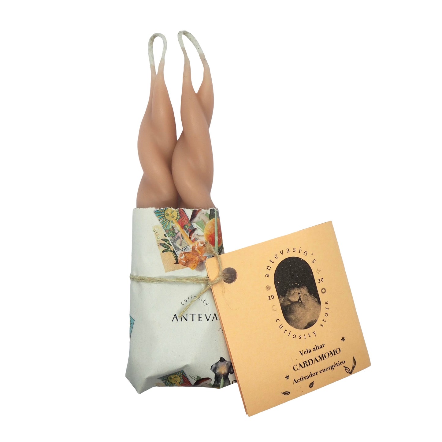 Vela ritual beige CARDAMOMO pareja (Activador energético) trenzada 13cm