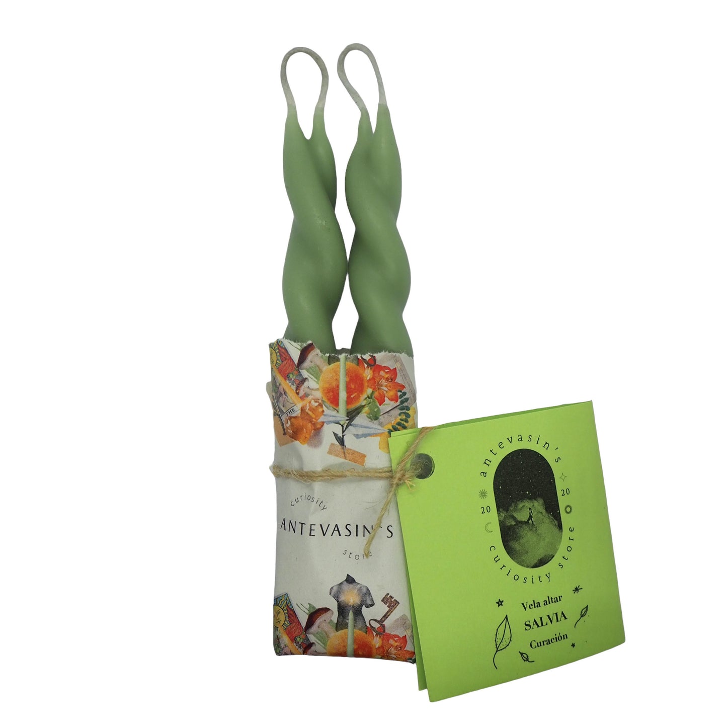 Vela verde ritual pareja SALVIA (Curación) trenzada x 13cm